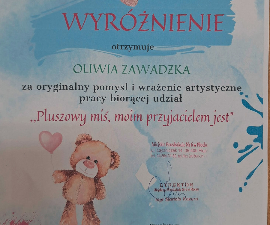 Zdjęcie do &bdquo;Pluszowy Miś moim przyjacielem jest&rdquo;-wyr&oacute;żnienie w konkursie plastycznym
